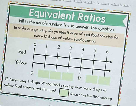 Equivalent Ratios 
Fill in the double number line to answer the question. 
To make orange icing, Karyn uses 4 drop of red food coloring for 
every 12 drops of yellow food coloring. 
Y 
If Karyn uses 6 drops of red food coloring, how many drops of 
yellow food coloring will she use? drops of yellow food coloring