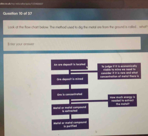 Look at the flow chart below. The method used to dig the metal ore from the ground is called... what?
Enter your answer
An ore deposit is located To judge if it is economically
viable to mine we need to
consider if it is rare and what
Ore deposit is mined concentration of metal there is
Ore is concentrated
How much energy is
needed to extract
Metal or metal compound the metal?
is extracted
Metal or metal compound
is purified