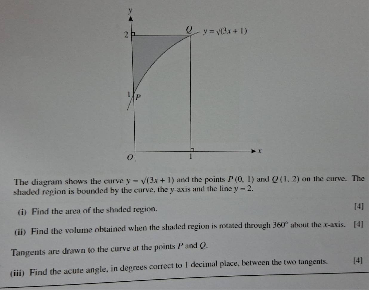 The diagram shows the curve y=sqrt((3x+1)) and the points P(0,1) and Q(1,2) on the curve. The
shaded region is bounded by the curve, the y-axis and the line y=2.
(i) Find the area of the shaded region.
[4]
(ii) Find the volume obtained when the shaded region is rotated through 360° about the x-axis. [4]
Tangents are drawn to the curve at the points P and Q.
(iii) Find the acute angle, in degrees correct to 1 decimal place, between the two tangents. [4]