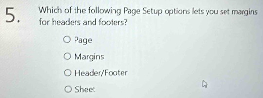 Which of the following Page Setup options lets you set margins
for headers and footers?
Page
Margins
Header/Footer
Sheet