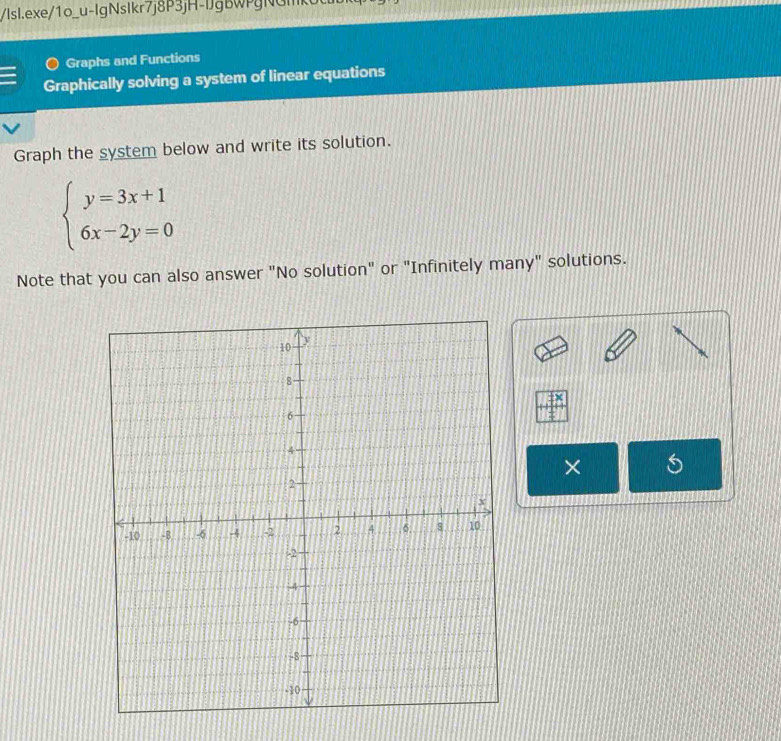 Graphs and Functions 
Graphically solving a system of linear equations 
Graph the system below and write its solution.
beginarrayl y=3x+1 6x-2y=0endarray.
Note that you can also answer "No solution" or "Infinitely many" solutions. 
×