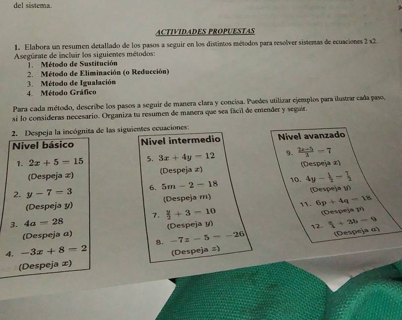 del sistema. 
ACTIVIDADES PROPUESTAS 
1. Elabora un resumen detallado de los pasos a seguir en los distintos métodos para resolver sistemas de ecuaciones 2* 2. 
Asegúrate de incluir los siguientes métodos: 
1. Método de Sustitución 
2. Método de Eliminación (o Reducción) 
3. Método de Igualación 
4. Método Gráfico 
Para cada método, describe los pasos a seguir de manera clara y concisa. Puedes utilizar ejemplos para ilustrar cada paso, 
si lo consideras necesario. Organiza tu resumen de manera que sea fácil de entender y seguir. 
2. Despeja la incógnita de las siguientes ecuaciones: 
Nivel básico Nivel intermedio Nivel avanzado 
1. 2x+5=15 5. 3x+4y=12 9.  (2x-5)/3 =7
(Despeja x) (Despeja ɪ) (Despeja x) 
6. 5m-2-18 10. 4y- 1/2 = 7/2 
2. y-7=3
(Despeja y) (Despeja m) (Despeja y) 
11. 6p+4q-18
3. 4a=28 7.  y/2 +3=10
(Despeja p) 
(Despeja @) (Despeja y) 
12.  a/4 +3b-9
4. -3x+8=2 8. -7z-5=-26
(Despeja α) 
(Despeja z) 
(Despeja x)