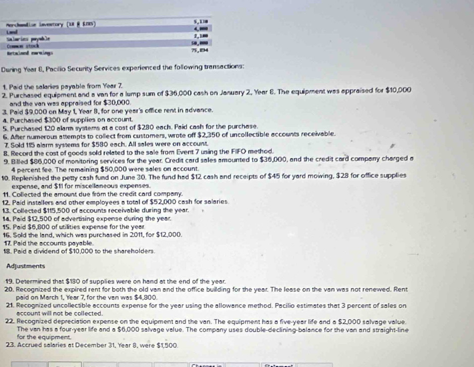 Merchantise inventory (U - LZKS) 5, Lia
Lad 4.m
salarims paymble 2, 180
Cemncme stench so.mm
Retained earnings 75,194
During Year 8, Pacilio Security Services experienced the following transactions:
1. Paid the salaries payable from Year 7.
2. Purchased equipment and a van for a lump sum of $36,000 cash on January 2, Year 8. The equipment was appraised for $10,000
and the van was appraised for $30,000.
3. Paid $9,000 on May 1, Year B, for one year's office rent in advance.
4. Purchased $300 of supplies on account.
5. Purchased 120 alarm systems at a cost of $280 each. Paid cash for the purchase.
6. After numerous attempts to collect from customers, wrote off $2,350 of uncollectible accounts receivable.
7. Sold 115 alarm systems for $580 each. All sales were on account.
8. Record the cost of goods sold related to the sale from Event 7 using the FIFO method.
9. Billed $86,000 of monitoring services for the year. Credit card sales amounted to $36,000, and the credit card company charged a
4 percent fee. The remaining $50,000 were sales on account.
10. Replenished the petty cash fund on June 30. The fund had $12 cash and receipts of $45 for yard mowing, $28 for office supplies
expense, and $11 for miscellaneous expenses.
11. Collected the amount due from the credit card company.
12. Paid installers and other employees a total of $52,000 cash for salaries.
13. Collected $115,500 of accounts receivable during the year.
14. Paid $12,500 of advertising expense during the year.
15. Paid $6,800 of utilities expense for the year
16. Sold the land, which was purchased in 2011, for $12,000.
17 Paid the accounts payable.
18. Paid a dividend of $10,000 to the shareholders.
Adjustments
19. Determined that $180 of supplies were on hand at the end of the year.
20. Recognized the expired rent for both the old van and the office building for the year. The lease on the van was not renewed. Rent
paid on March 1. Year 7, for the van was $4,800
21. Recognized uncollectible accounts expense for the year using the allowance method. Pacilio estimates that 3 percent of sales on
account will not be collected.
22. Recognized depreciation expense on the equipment and the van. The equipment has a five-year life and a $2,000 salvage value.
The van has a four-year life and a $6,000 salvage value. The company uses double-declining-balance for the van and straight-line
for the equipment.
23. Accrued salaries at December 31, Year 8, were $1,500.