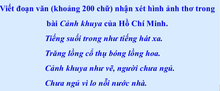 Viết đoạn văn (khoảng 200 chữ) nhận xét hình ảnh thơ trong 
bài Cảnh khuya của Hồ Chí Minh. 
Tiếng suối trong như tiếng hát xa. 
Trăng lồng cổ thụ bóng lồng hoa. 
Cảnh khuya như vẽ, người chưa ngủ. 
Chưa ngủ vì lo nỗi nước nhà.