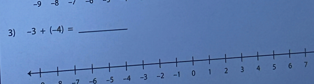 -9 -8 -1
3) -3+(-4)= _ 
Q -7 -6 -5