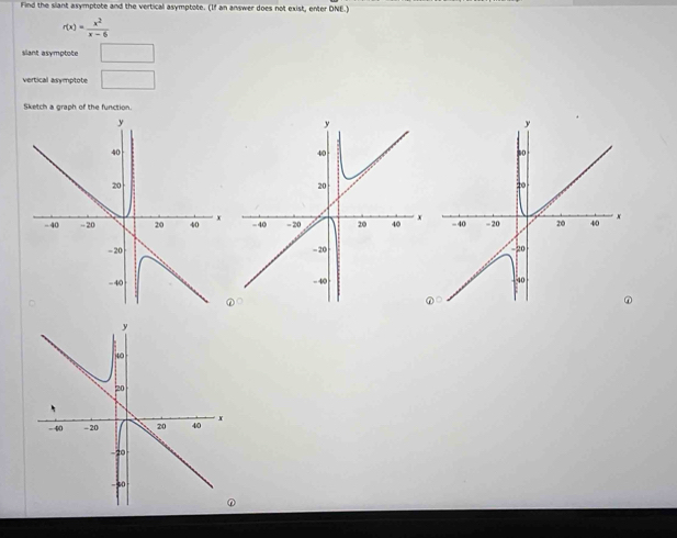 Find the slant asymptote and the vertical asymptote. (If an answer does not exist, enter DNE.)
r(x)= x^2/x-6 
siant asymptote □
vertical asymptote □
Sketch a graph of the function