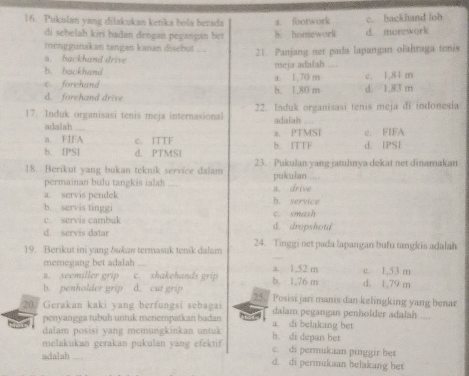 Pukulan yang dilakukan ketika bola berada a. footwork c. backhand lob
di sebelah kiri badan dengan pegangan bet h. homework d. morework
menggunakan tangan kanan disebut
s. backhand drive 21. Panjang net pada lapangan olahraga tenis
b. backhand meja adalah
a. 1,70 m
c. forehand c. 1,81 m
b. 1,80 m d. 1.83 m
d. forehand drive
22. Induk organisasi tenis meja di indonesia
17. Induk organisasi tenis meja internasional adalah ....
adalah
a. PTMSI
a. FIFA c. ITTF c. FIFA
b. JTTF
b. IPSJ d. PTMSI d. IPSI
23. Pukulan yang jatuhnya dekat net dinamakan
18. Berikut yang bukan teknik service dalam pukulan ....
permainan bulu tangkis ialah ....
a. drive
a. servis pendek b. service
b. servis tinggi
c. smash
c. servis cambuk d. dropshotd
d. servis datar
24. Tinggi net pada lapangan bulu tangkis adalah
19. Berikut ini yang bukan termasuk tenik dalam
memegang bet adalah .... a. 1,52 m c. 1,53 m
a. seemiller grip c. shakehands grip b. 1,76 m d. 1,79 m
b. penholder grip d. cut grip 25. Posisi jari manis dan kelingking yang benar
20. Gerakan kaki yang berfungsi sebagai dalam pegangan penholder adalah ....
penyangga tubuh untuk menempatkan badan a. di belakang bet
dalam posisi yang memungkinkan untuk b. di depan bet
melakukan gerakan pukulan yang efektif c. di permukaan pinggir bet
adalah .... d. di permukaan belakang bet