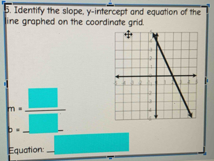 Identify the slope, y-intercept and equation of the 
line graphed on the coordinate grid. 
_ p_1□ =_  □ /□   
Equation:_