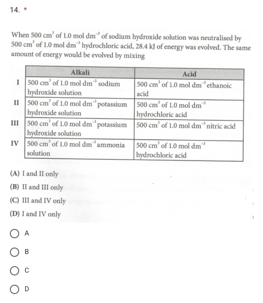 When 500cm^3 of 1.0moldm^(-3) of sodium hydroxide solution was neutralised by
500cm^3 of 1.0moldm^(-3) hydrochloric acid, 28.4 kJ of energy was evolved. The same
amount of energy would be evolved by mixing
(A) I and II only
(B) II and III only
(C) III and IV only
(D) I and IV only
A
B
C
D