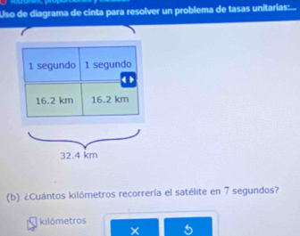 Uso de diagrama de cinta para resolver un problema de tasas unitarías:... 
(b) ¿Cuántos kilómetros recorrería el satélite en 7 segundos?
kilómetros
5