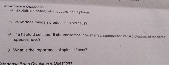 Anaphase II Questions 
Explain (in detail) what occurs in this phase. 
How does meiosis produce haploid cells? 
If a haploid cell has 15 chromosomes, how many chromosomes will a diploid cell of the same 
species have? 
What is the importance of spindle fibers? 
élophase II and Cytokinesis Questions