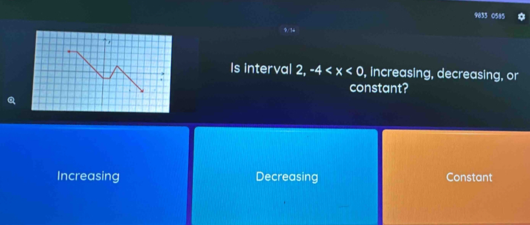 9833 0585 n
,
Is interval 2, -4 , increasing, decreasing, or
constant?
Increasing Decreasing Constant