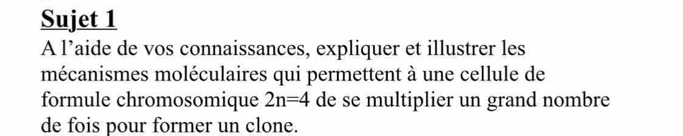 Sujet 1 
A l’aide de vos connaissances, expliquer et illustrer les 
mécanismes moléculaires qui permettent à une cellule de 
formule chromosomique 2n=4 de se multiplier un grand nombre 
de fois pour former un clone.