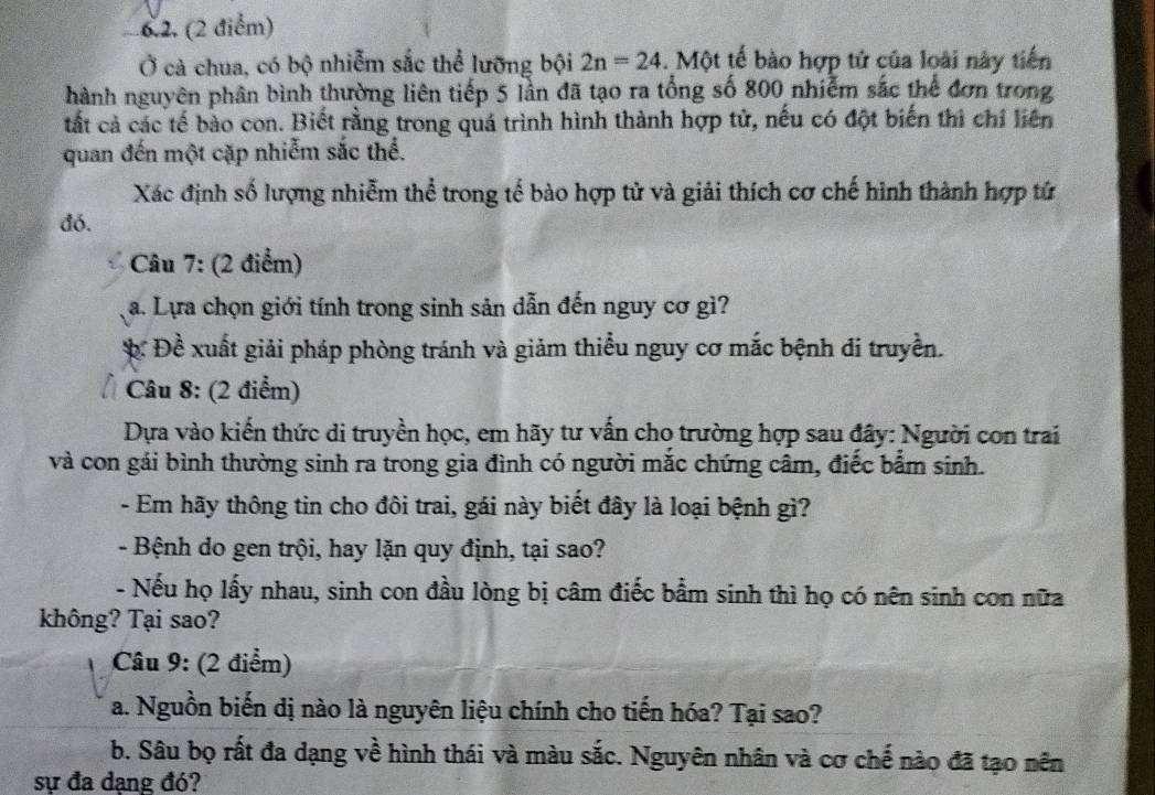 Ở cả chua, có bộ nhiễm sắc thể lưỡng bội 2n=24. Một tế bào hợp tử của loài này tiến 
hành nguyên phân bình thường liên tiếp 5 lần đã tạo ra tổng số 800 nhiễm sắc thể đơn trong 
tất cả các tế bào con. Biết rằng trong quá trình hình thành hợp tử, nếu có đột biến thì chỉ liên 
quan đến một cặp nhiễm sắc thể. 
Xác định số lượng nhiễm thể trong tế bào hợp tử và giải thích cơ chế hình thành hợp tử 
đó. 
Câu 7: (2 điểm) 
a. Lựa chọn giới tính trong sinh sản dẫn đến nguy cơ gì? 
Đ. Đề xuất giải pháp phòng tránh và giảm thiểu nguy cơ mắc bệnh di truyền. 
Câu 8: (2 điểm) 
Dựa vào kiến thức di truyền học, em hãy tư vấn cho trường hợp sau đây: Người con trai 
và con gái bình thường sinh ra trong gia đình có người măc chứng câm, điếc bắm sinh. 
- Em hãy thông tin cho đôi trai, gái này biết đây là loại bệnh gì? 
- Bệnh do gen trội, hay lặn quy định, tại sao? 
- Nếu họ lấy nhau, sinh con đầu lòng bị câm điếc bẩm sinh thì họ có nên sinh con nữa 
không? Tại sao? 
Câu 9: (2 điểm) 
a. Nguồn biến dị nào là nguyên liệu chính cho tiến hóa? Tại sao? 
b. Sâu bọ rất đa dạng về hình thái và màu sắc. Nguyên nhân và cơ chế nào đã tạo nên 
sự đa dạng đó?