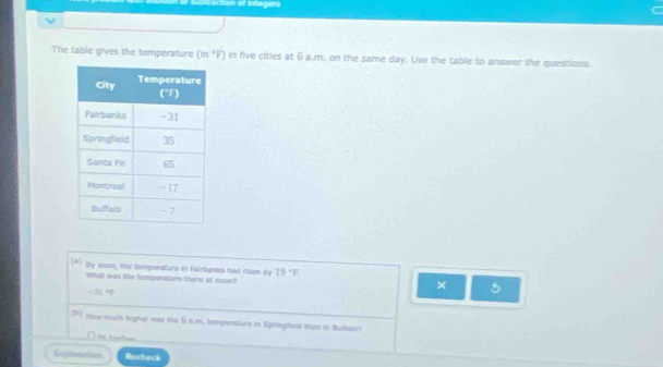 Faction of Integers
ν
The table gives the temperature (in^+F) in five cities at 6 a.m. on the same day. Use the table to answer the questions.
(*) By noon, the temporature in Fairbanks had cisen by 19°F
Whut was te tomporature there at noon?
-
× 5
(P now much kigher was the 6 a.m, tempensture in Springfeld thas in Bullato)
D  bischer
Explanstion Rocheck