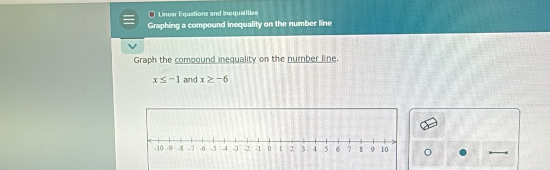 Linear Equations and Inequalities 
Graphing a compound inequality on the number line 
Graph the compound inequality on the number line.
x≤ -1 and x≥ -6