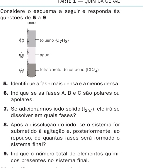 Considere o esquema a seguir e responda às
questões de 5 a 9.
(CCell _4)
arbono
5. Identifique a fase mais densa e a menos densa.
6. Indique se as fases A, B e C são polares ou
a polare s .
7. Se adicionarmos iodo sólido (I_2(s)) , ele irá se
dissolver em quais fases?
8. Após a dissolução do iodo, se o sistema for
submetido à agitação e, posteriormente, ao
repouso, de quantas fases será formado o
sistema final?
9. Indique o número total de elementos quími-
cos presentes no sistema final.