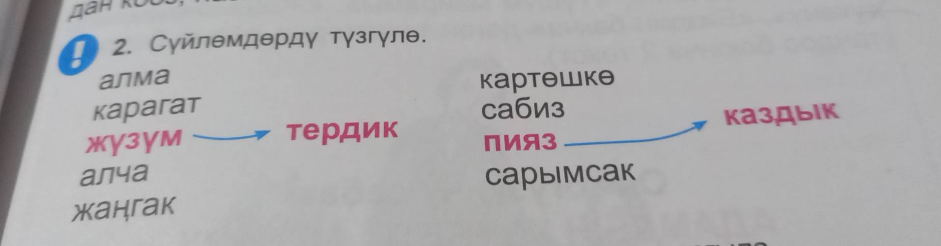 Сγйлθмдθрдγ тγзгγлθ. 
алма Kaptewke 
Kaparat caби3 
тердик каздыiк 
жγ3γM NИA3_ 
алча Capыimcak 
Xангak