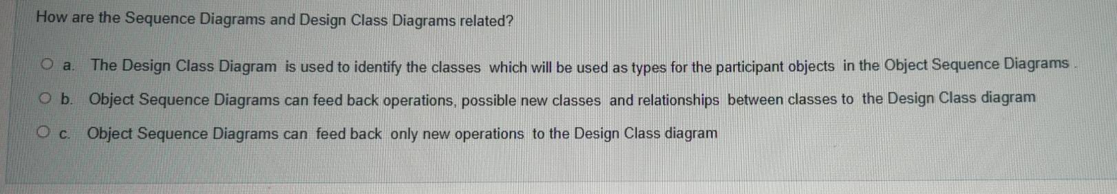 How are the Sequence Diagrams and Design Class Diagrams related?
a. The Design Class Diagram is used to identify the classes which will be used as types for the participant objects in the Object Sequence Diagrams .
b. Object Sequence Diagrams can feed back operations, possible new classes and relationships between classes to the Design Class diagram
c. Object Sequence Diagrams can feed back only new operations to the Design Class diagram