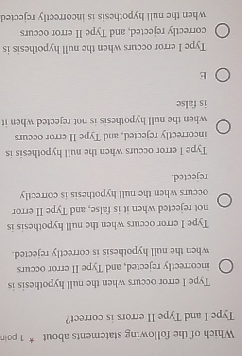 Which of the following statements about * 1 poin
Type I and Type II errors is correct?
Type I error occurs when the null hypothesis is
incorrectly rejected, and Type II error occurs
when the null hypothesis is correctly rejected.
Type I error occurs when the null hypothesis is
not rejected when it is false, and Type II error
occurs when the null hypothesis is correctly
rejected.
Type I error occurs when the null hypothesis is
incorrectly rejected, and Type II error occurs
when the null hypothesis is not rejected when it
is false
E
Type I error occurs when the null hypothesis is
correctly rejected, and Type II error occurs
when the null hypothesis is incorrectly rejected