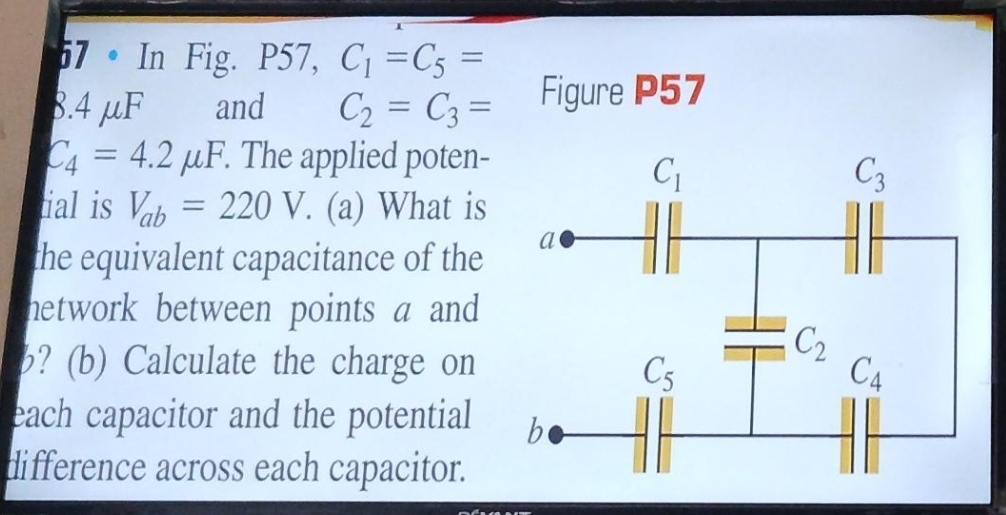 57 • In Fig. P57, C_1=C_5=
8.4 µF and C_2=C_3= Figure P57
C_4=4.2mu F. The applied poten-
ial is V_ab=220V. (a) What is
the equivalent capacitance of the
hetwork between points a and 
? (b) Calculate the charge on
each capacitor and the potential 
difference across each capacitor.