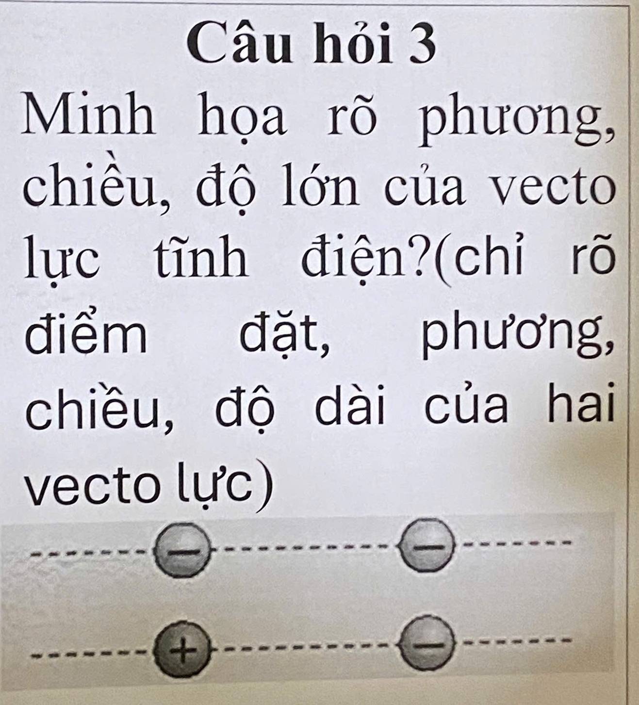 Câu hỏi 3 
Minh họa rõ phương, 
chiều, độ lớn của vecto 
lực tĩnh điện?(chỉ rõ 
điểm đặt, phương, 
chiều, độ dài của hai 
vecto lực) 
_ 
_ 
_ 
_ 
_ 
_+_ 
_