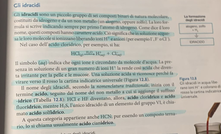 Gli idracidi
Gli idracidi sono un piccolo gruppo di sei composti binari di natura molecolare, La formazione
costituiti da idrogeno e da un non metallo (un alogeno, óppure zolfo). La loro for degli Idracidi
mula si scrive indicando sempre per primo l'atomo di idrogeno. Come dice il loro alogeno, zolfo
+ H
nome, questi composti hanno carattere acido. Ciò significa che in soluzione acquo-
sa le loro molecole si ionizzano liberando ioni H * e anioni (per esempio I', Fü' o Cl'').
Nel caso dell’acido cloridrico, per esempio, si ha: IDRACIDO
HCl_(g)xrightarrow H_2OH_((aq))^++Cl_((aq))^-
Il simbolo (αq) indica che ogni ione è circondato da molecole d'acqua. La pre
senza in soluzione di un gran numero di ioni H* la rende così acida che diven
ta irritante per la pelle e le mucose. Una soluzione acida si riconosce perché fa
virare verso il rosso la cartina indicatrice universale (Figura 12.8). Figura 12.8
Il nome degli idracidi, secondo la nomenclatura tradizionale, inizia con il Gli idracidi in acqua libe
termine acido, seguito dal nome del non metallo a cui si aggiunge il suffisso rano ioni H * e colorano di
rosso la cartina indicatrice
-ídrico (Tabella 12.8): HCl e HF diventano, allora, acido cloridrico e acido universale.
fluoridrico, mentre H_2S , lunico idracido di un elemento del gruppo VI, è chia
mato acido solfídrico.
A questa categoria appartiene anche HCN; pur essendo un composto terna-
rio, lo si chiama usualmente acido cianidrico.
dracidi.