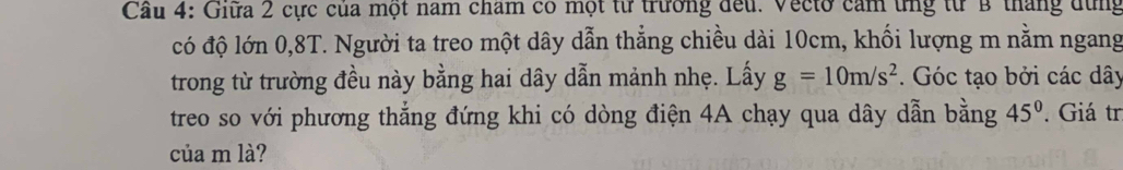 Giữa 2 cực của một nam cham có một từ trường đếu. Vecto cảm ứng từ B tháng dừng 
có độ lớn 0, 8T. Người ta treo một dây dẫn thẳng chiều dài 10cm, khối lượng m nằm ngang 
trong từ trường đều này bằng hai dây dẫn mảnh nhẹ. Lấy g=10m/s^2. Góc tạo bởi các dây
treo so với phương thẳng đứng khi có dòng điện 4A chạy qua dây dẫn bằng 45°. Giá tr 
của m là?