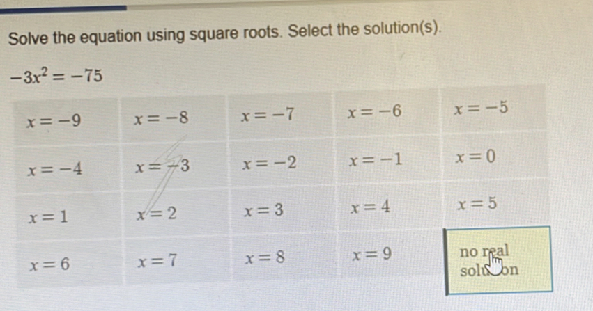 Solve the equation using square roots. Select the solution(s).