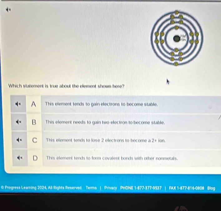 Which statement is true about the element shown here?
A This element tends to gain electrons to become stable.
B This element needs to gain two electron to become stable.
C This element tends to lose 2 electrons to become a 2+ ion.
D This element tends to form covalent bonds with other nonmetals.
© Progress Learning 2024, All Rights Reserved. Terms Privacy PHONE 1-877-377-9537 FAX 1-877-816-0808 Blog