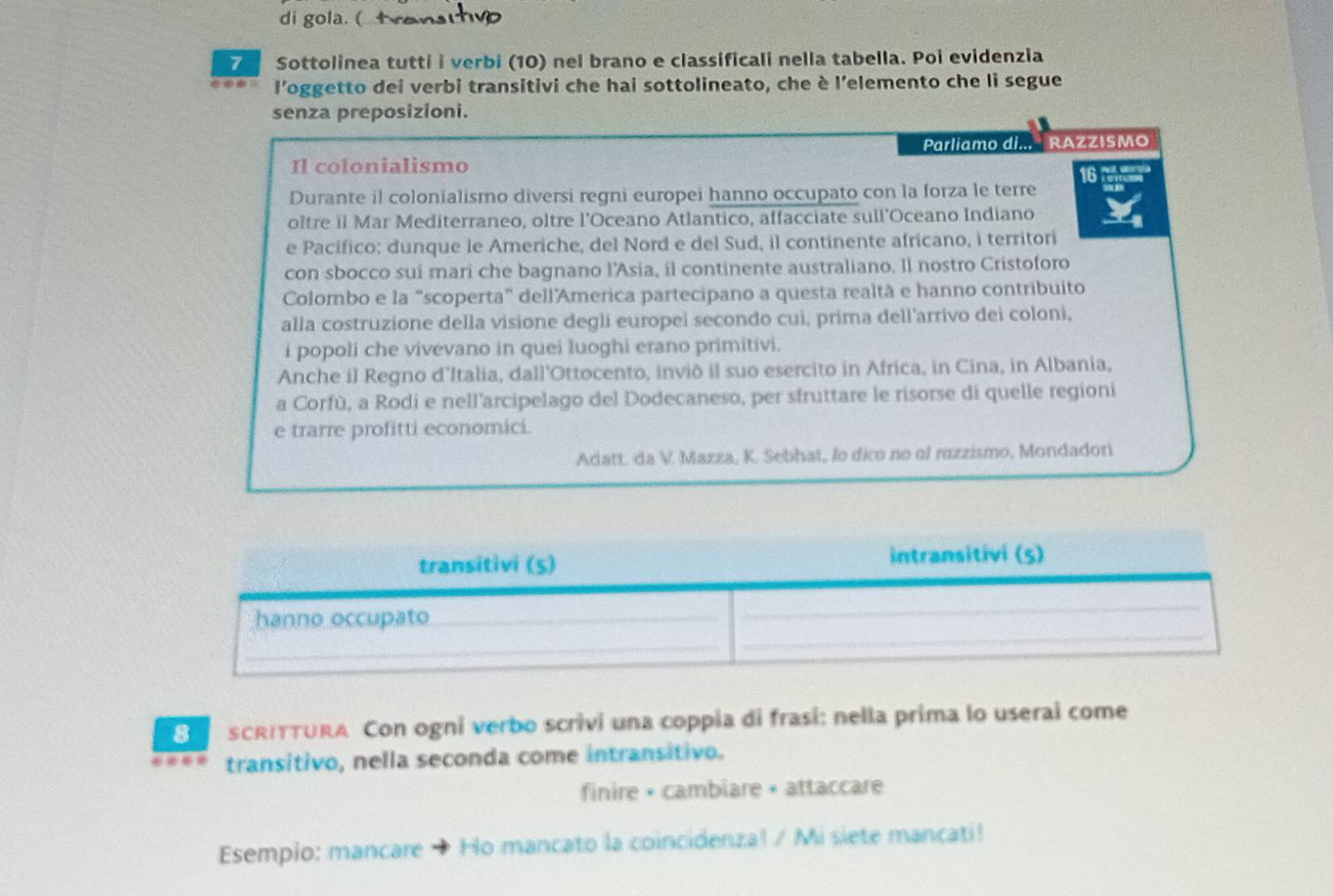 di gola. ( 
Sottolinea tutti i verbi (10) nel brano e classificali nella tabella. Poi evidenzia 
l'oggetto dei verbi transitivi che hai sottolineato, che è l'elemento che li segue 
senza preposizioni. 
Parliamo di... RAZZISMO 
Il colonialismo 
16 
Durante il colonialismo diversi regni europei hanno occupato con la forza le terre 
oltre il Mar Mediterraneo, oltre l'Oceano Atlantico, affacciate sull'Oceano Indiano 
e Pacífico: dunque le Americhe, del Nord e del Sud, il continente africano, i territori 
con sbocco sui mari che bagnano l’Asia, il continente australiano. Il nostro Cristoforo 
Colombo e la “scoperta” dellAmerica partecipano a questa realtà e hanno contribuito 
alla costruzione della visione degli europei secondo cui, prima dell'arrivo dei coloni, 
i popoli che vivevano in quei luoghi erano primitivi. 
Anche il Regno d’Italia, dall’Ottocento, inviô il suo esercito in Africa, in Cina, in Albania, 
a Corfù, a Rodi e nell’arcipelago del Dodecaneso, per sfruttare le risorse di quelle regioni 
e trarre profitti economici. 
Adatt. da V. Mazza, K. Sebhat, lo dico no ol ruzzismo, Mondadori 
transitivi (S) intransitivi (5) 
_ 
hanno occupato_ 
_ 
_ 
S sCRITTURA Con ogni verbo scrivi una coppia di frasi: nella prima lo userai come 
transitivo, nella seconda come intransitivo. 
finire • cambiare • attaccare 
Esempio: mancare Ho mancato la coincidenza! / Mi siete mancati!