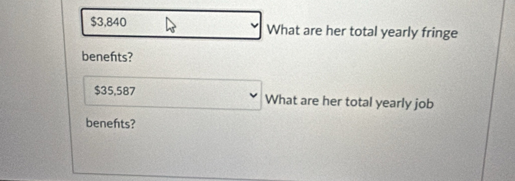 $3,840 What are her total yearly fringe 
benefts?
$35,587 What are her total yearly job 
benefts?