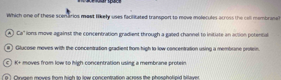 Intrace ular space
Which one of these scenarios most likely uses facilitated transport to move molecules across the cell membrane?
A) Ca* ions move against the concentration gradient through a gated channel to initiate an action potential
) Glucose moves with the concentration gradient from high to low concentration using a membrane protein.
c) K+ moves from low to high concentration using a membrane protein
p ) Oxygen moves from high to low concentration across the phospholipid bilaver.