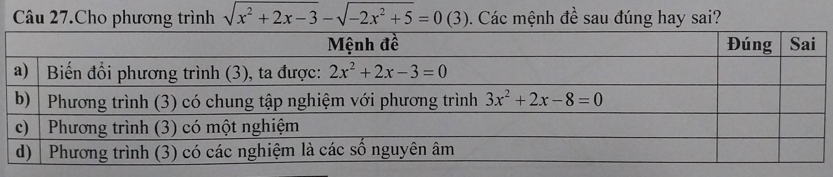 Câu 27.Cho phương trình sqrt(x^2+2x-3)-sqrt(-2x^2+5)=0 (3). Các mệnh đề sau đúng hay sai?