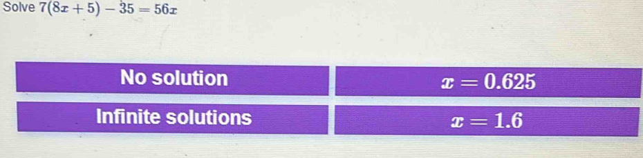 Solve 7(8x+5)-35=56x
No solution x=0.625
Infinite solutions x=1.6