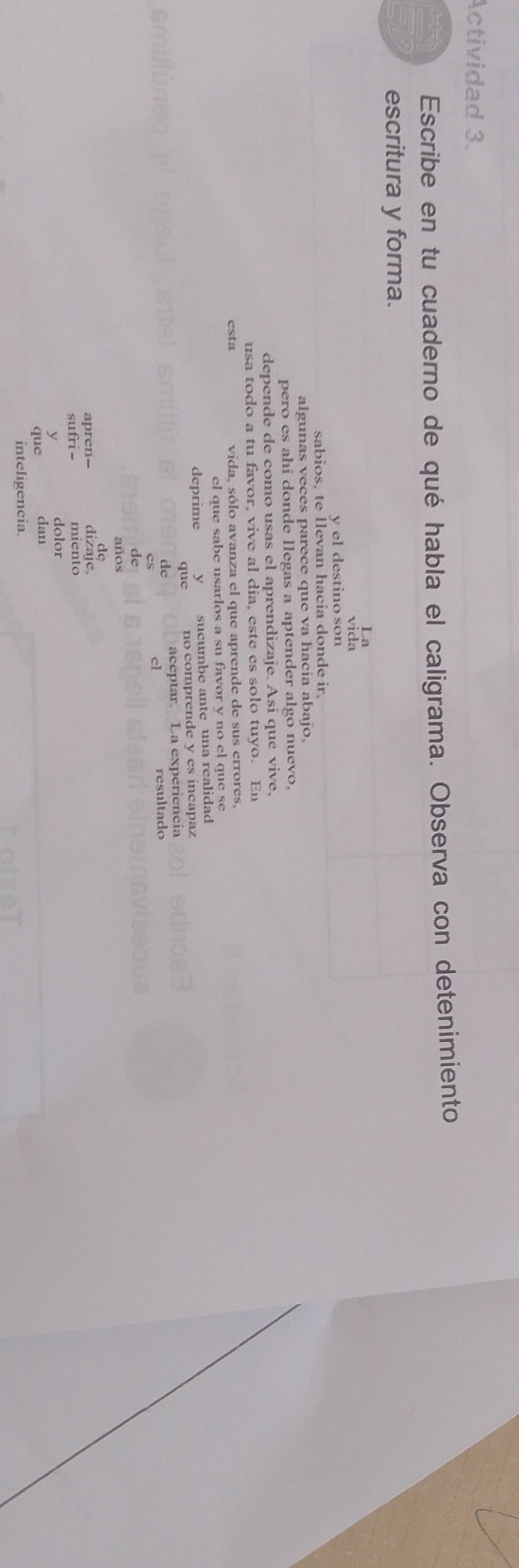 Actividad 3. 
Escribe en tu cuaderno de qué habla el caligrama. Observa con detenimiento 
escritura y forma. 
La 
vída 
y el destino son 
sabios, te llevan hacia donde ir, 
algunas veces parece que va hacía abajo, 
pero es ahí donde llegas a aptender algo nuevo, 
depende de como usas el aprendizaje. Así que vive, 
usa todo a tu favor, vive al dia, este es solo tuyo. En 
esta vida, sólo avanza el que aprende de sus errores, 
el que sabe usarlos a su favor y no el que se 
deprime y sucumbe ante una realidad 
que no comprende y es incapaz 
aceptar. La experiencia 
de resultado 
cs 
de 
años 
apren-- dizaje. 
sufri- miento 
dolor 
que dan 
inteligencia.