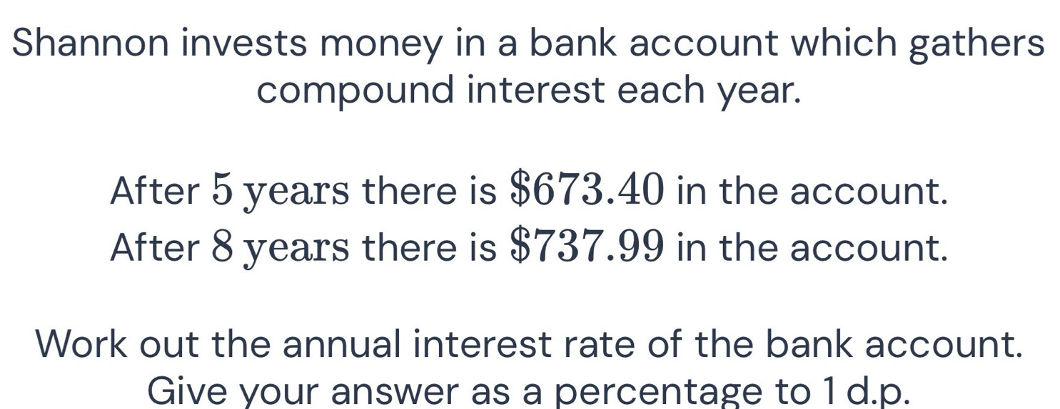 Shannon invests money in a bank account which gathers 
compound interest each year. 
After 5 years there is $673.40 in the account. 
After 8 years there is $737.99 in the account. 
Work out the annual interest rate of the bank account. 
Give your answer as a percentage to 1 d.p.