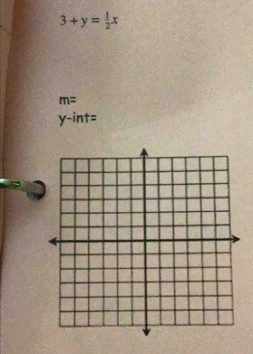 3+y= 1/2 x
m=
y-int=