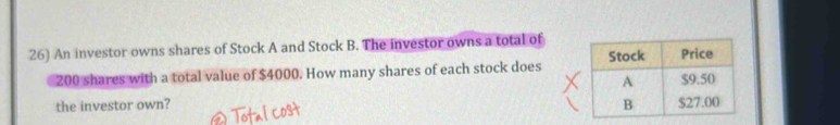 An investor owns shares of Stock A and Stock B. The investor owns a total of
200 shares with a total value of $4000. How many shares of each stock does 
the investor own?