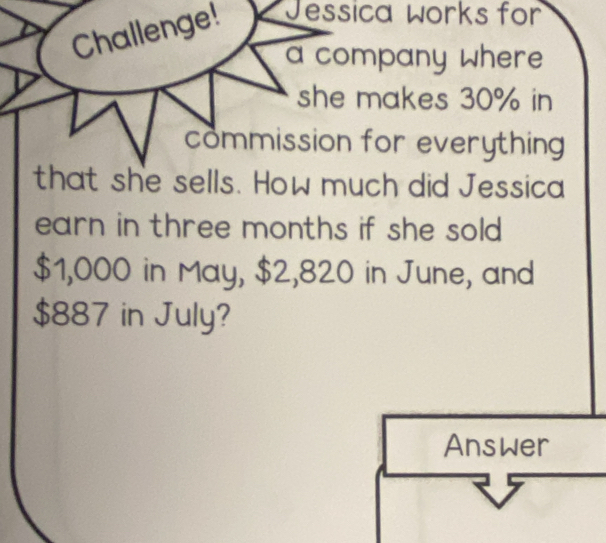 Challenge! Jessica works for 
a company where 
she makes 30% in 
commission for everything 
that she sells. How much did Jessica 
earn in three months if she sold .
$1,000 in May, $2,820 in June, and
$887 in July? 
Answer