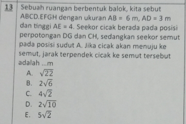 Sebuah ruangan berbentuk balok, kita sebut
ABCD.EFGH dengan ukuran AB=6m, AD=3m
dan tinggi AE=4. Seekor cicak berada pada posisi
perpotongan DG dan CH, sedangkan seekor semut
pada posisi sudut A. Jika cicak akan menuju ke
semut, jarak terpendek cicak ke semut tersebut
adalah ... m
A. sqrt(22)
B. 2sqrt(6)
C. 4sqrt(2)
D. 2sqrt(10)
E. 5sqrt(2)