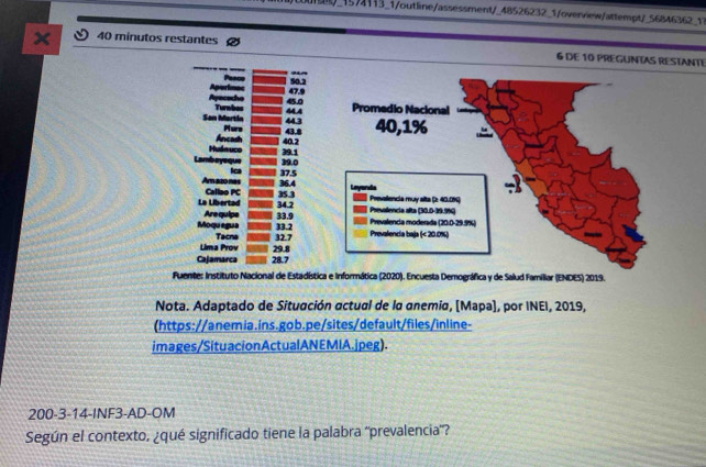 157113_1/outline/assessment/_48526232_1/overview/attempt/_56846362_17 
× 40 minutos restantes 
6 DE 10 PREGUNTAS RESTANTE 
Pesco 50.2
47.9
Ayecodho Aparimes 45.0
444
San Mortin Turmbes Promedio Nacional 
Ancash Pure
43.8 44.3 40,1%
Lambeyeque Hudauco
39.1 40.2
Amazo nes Ica
37.5 39.0
La Libertad Callao PC
35.3 36.4
Leyanda Prevallencia muy salts (2 40.0%) 
Are quipe 34.2
Porsolencia alta (30.0-39.9%) 
Moquegua 33.2 33.9
Prevalencia moderada (20:0-29.9%) 
Lima Prov Tacna 32.7
Prevalencia baja (< 20.0%) 
Cajamarca 28.7 29.8
Fuente: Instituto Nacional de Estadística e Informática (2020). Encuesta Demográfica y de Salud Familiar (ENDES) 2019. 
Nota. Adaptado de Situación actual de la anemia, [Mapa], por INEI, 2019, 
(https://anemia.ins.gob.pe/sites/default/files/inline- 
images/SituacionActualANEMIA.jpeg). 
200-3-14-INF3-AD-OM 
Según el contexto, ¿qué significado tiene la palabra 'prevalencia'?