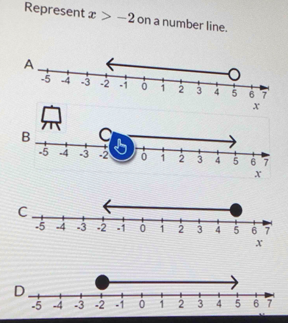 Represent x>-2 on a number line.
x
x