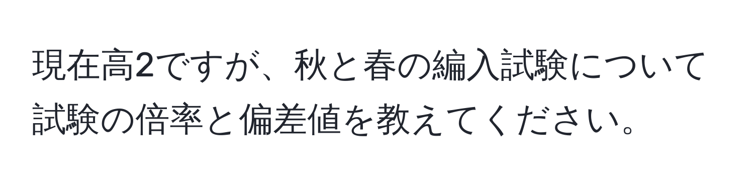 現在高2ですが、秋と春の編入試験について試験の倍率と偏差値を教えてください。