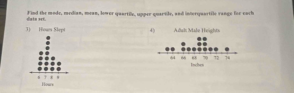 Find the mode, median, mean, lower quartile, upper quartile, and interquartile range for each 
data set. 
3) Hours Slept