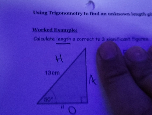 Using Trigonometry to find an unknown  l en  t  
Worked Example:
Calculate length a correct to 3 sianificant figures.