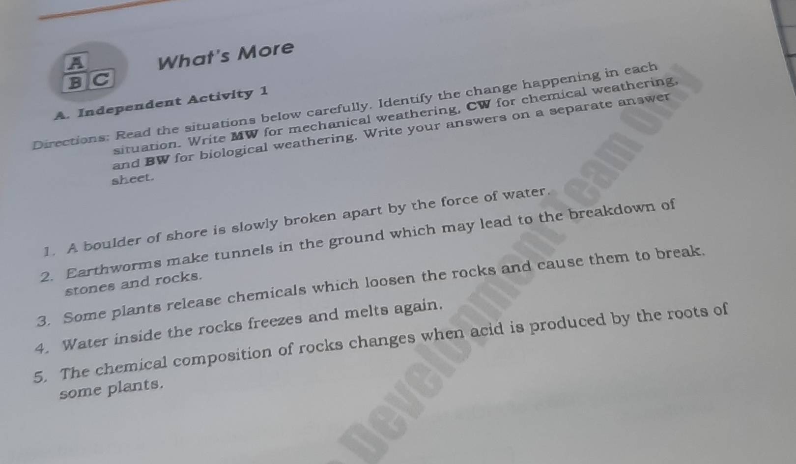 A 
What's More 
B C 
A. Independent Activity 1 
Directions: Read the situations below carefully. Identify the change happening in each 
situation. Write MW for mechanical weathering, CW for chemical weathering, 
and BW for biological weathering. Write your answers on a separate answer 
sheet. 
1. A boulder of shore is slowly broken apart by the force of water. 
2. Earthworms make tunnels in the ground which may lead to the breakdown of 
stones and rocks. 
3. Some plants release chemicals which loosen the rocks and cause them to break. 
4. Water inside the rocks freezes and melts again. 
5. The chemical composition of rocks changes when acid is produced by the roots of 
some plants.