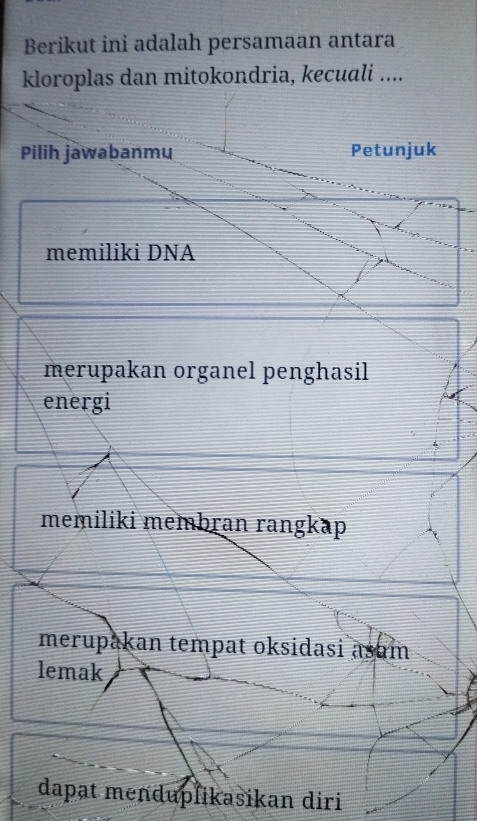 Berikut ini adalah persamaan antara
kloroplas dan mitokondria, kecuali ....
Pilih jawabanmu Petunjuk
memiliki DNA
merupakan organel penghasil
energi
memiliki membran rangkap
merupakan tempat oksidasi asum
lemak
dapat menduplikasikan diri