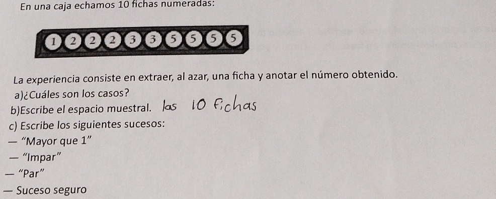 En una caja echamos 10 fichas numeradas: 
1)(2)(2)(2) 3 3 5 5 5 5
La experiencia consiste en extraer, al azar, una ficha y anotar el número obtenido. 
a)¿Cuáles son los casos? 
b)Escribe el espacio muestral. 
c) Escribe los siguientes sucesos: 
— “Mayor que 1 ” 
— “Impar” 
— “Par” 
— Suceso seguro