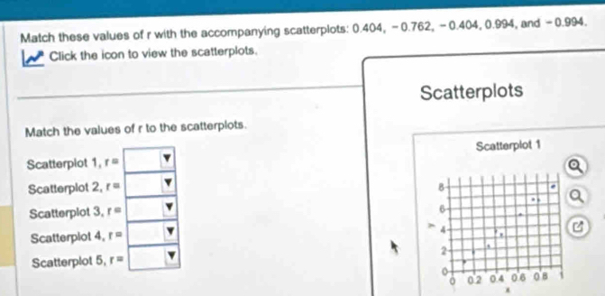 Match these values of r with the accompanying scatterplots: 0.404, -0.762, -0.404, 0.994, and -0.994. 
Click the icon to view the scatterplots. 
Scatterplots 
Match the values of r to the scatterplots. 
Scatterpiot 1, r= Scatterplot 1
a 
Scatterplot 2, r= B 
Scatterplot 3, r=. a 
6 
Scatterplot 4, r= ? 4 
2 
Scatterplot 5, r=
o 0.2 0.4 0.6 0'8